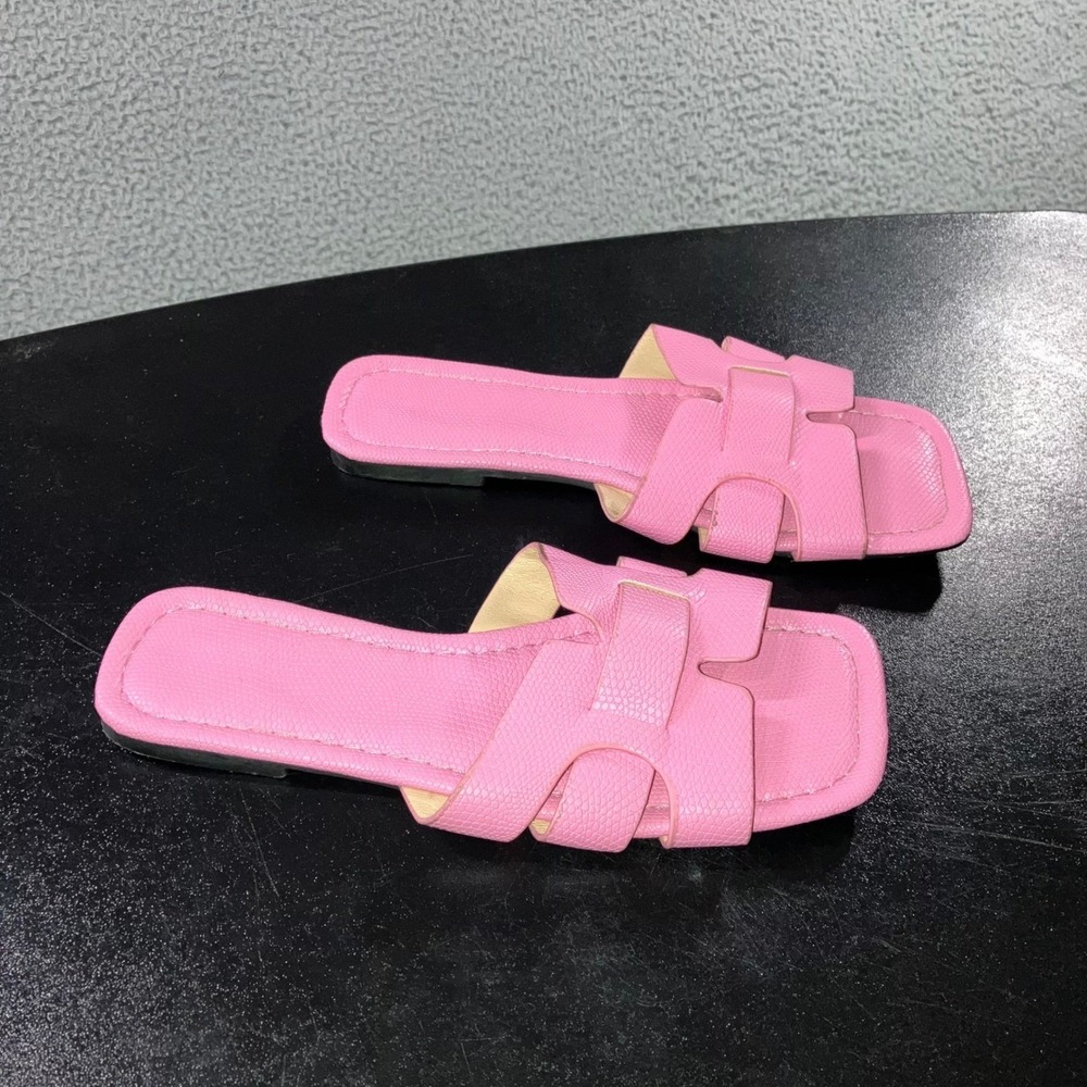 Square Toe Slide Sandals Women 36 5.5 6 Pink H-Strap Pebble‎ Grain Flat Vacation